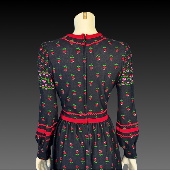 Vintage 1970s Bohemian Black Prairie Folk Dress with Red Trim / S - Picture 6 of 10